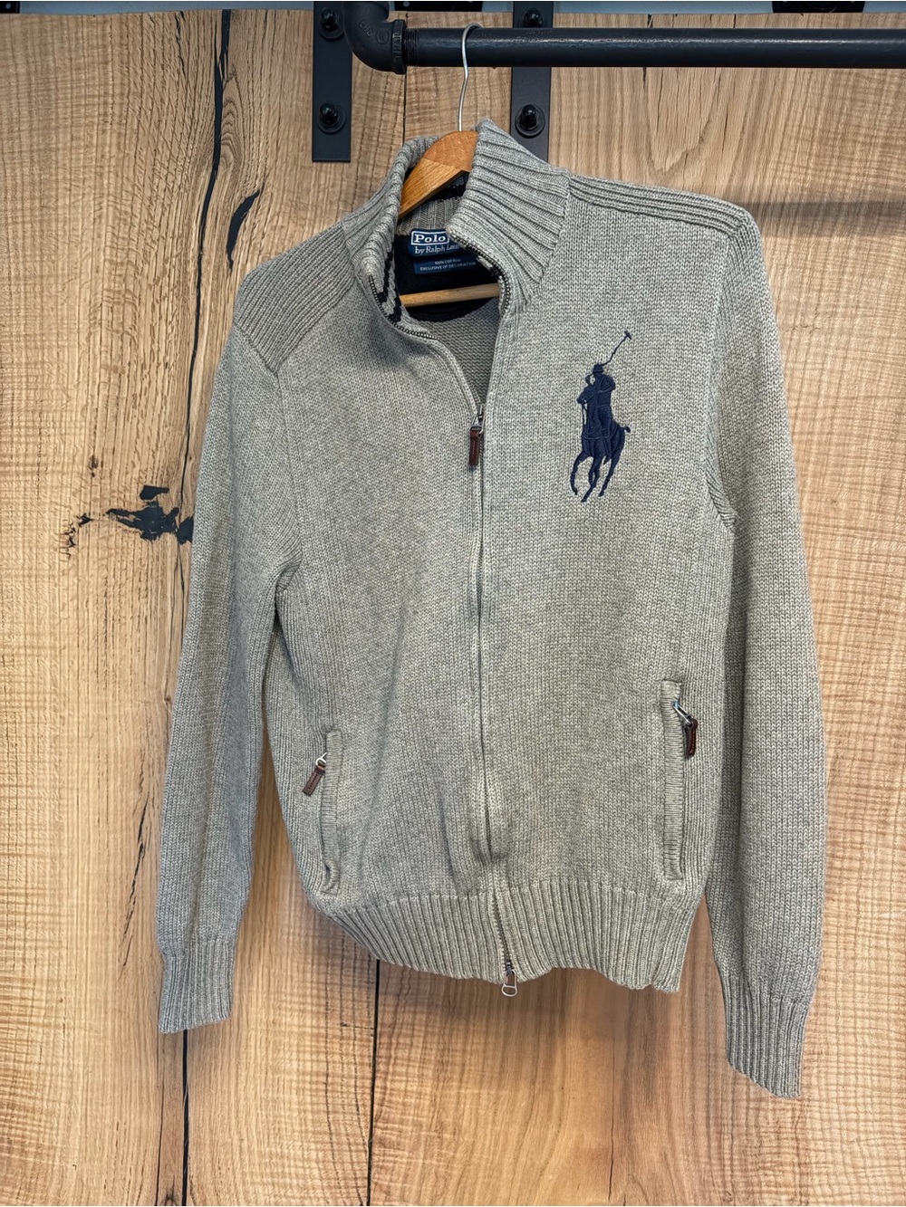 Polo by Ralph Lauren Men's Light Gray Full-Zip Knit S weater with Navy Polo Logo
